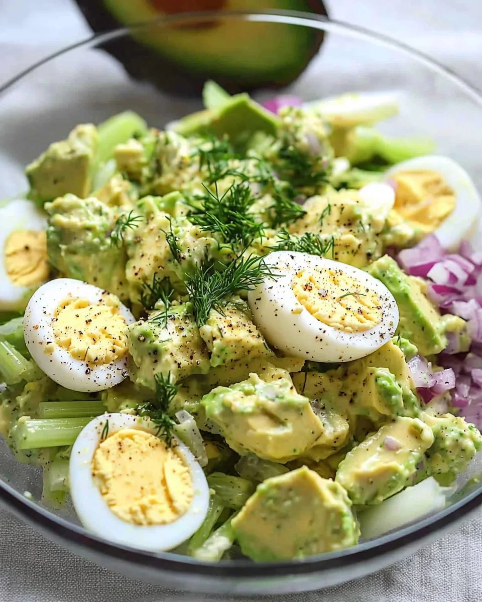 Bowl of herby avocado egg salad with fresh ingredients, ready for a quick lunch