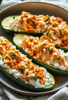 High protein buffalo chicken stuffed zucchini boats on a plate