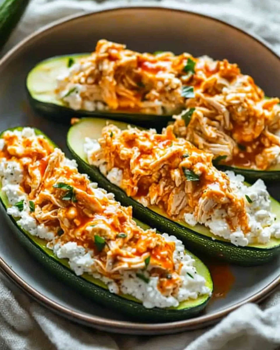 High Protein Buffalo Chicken Stuffed Zucchini Boats