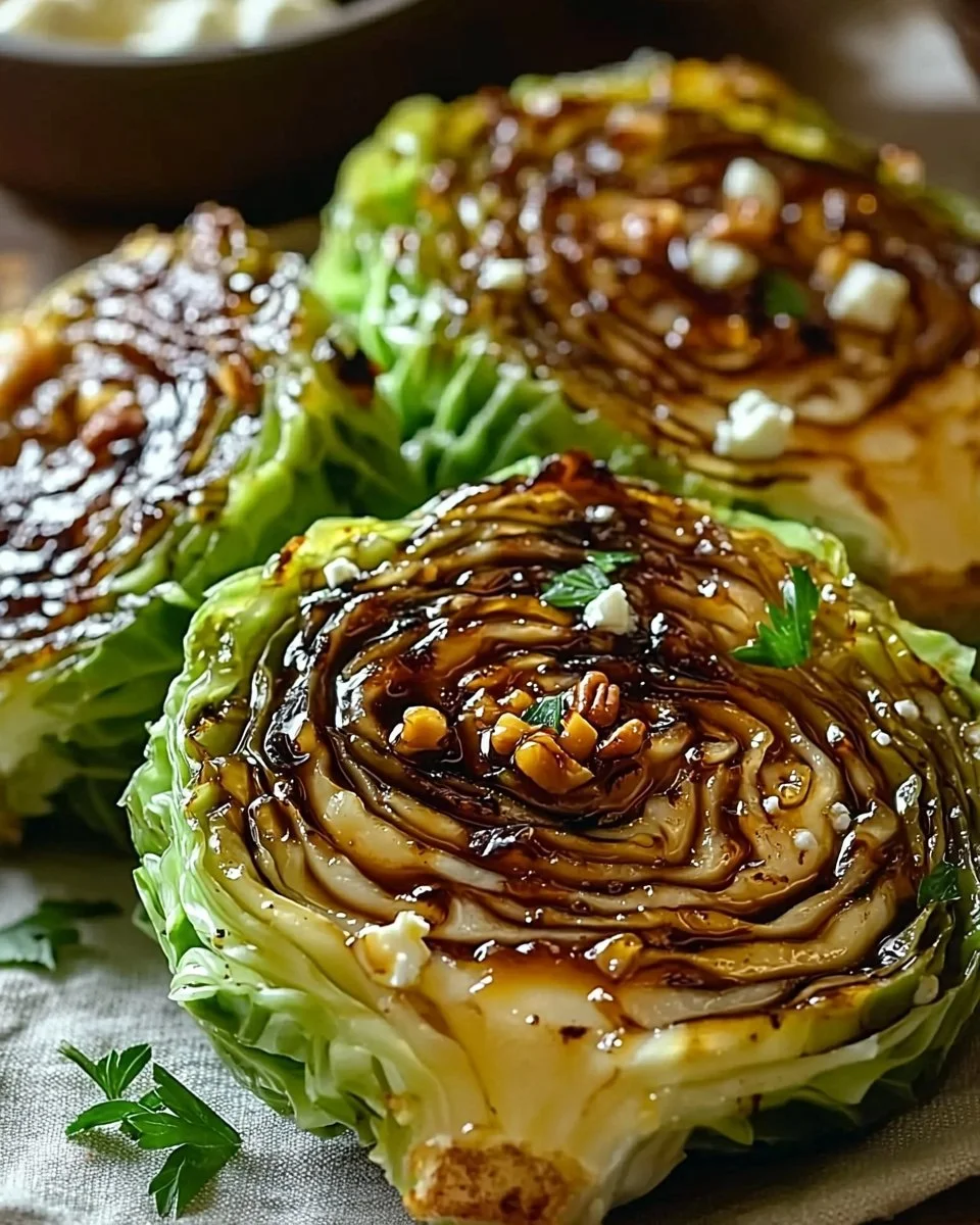 Honey Balsamic Cabbage Steaks garnished with herbs on a plate
