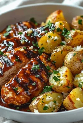 Honey BBQ Chicken served with Garlic Parmesan Potatoes on a plate