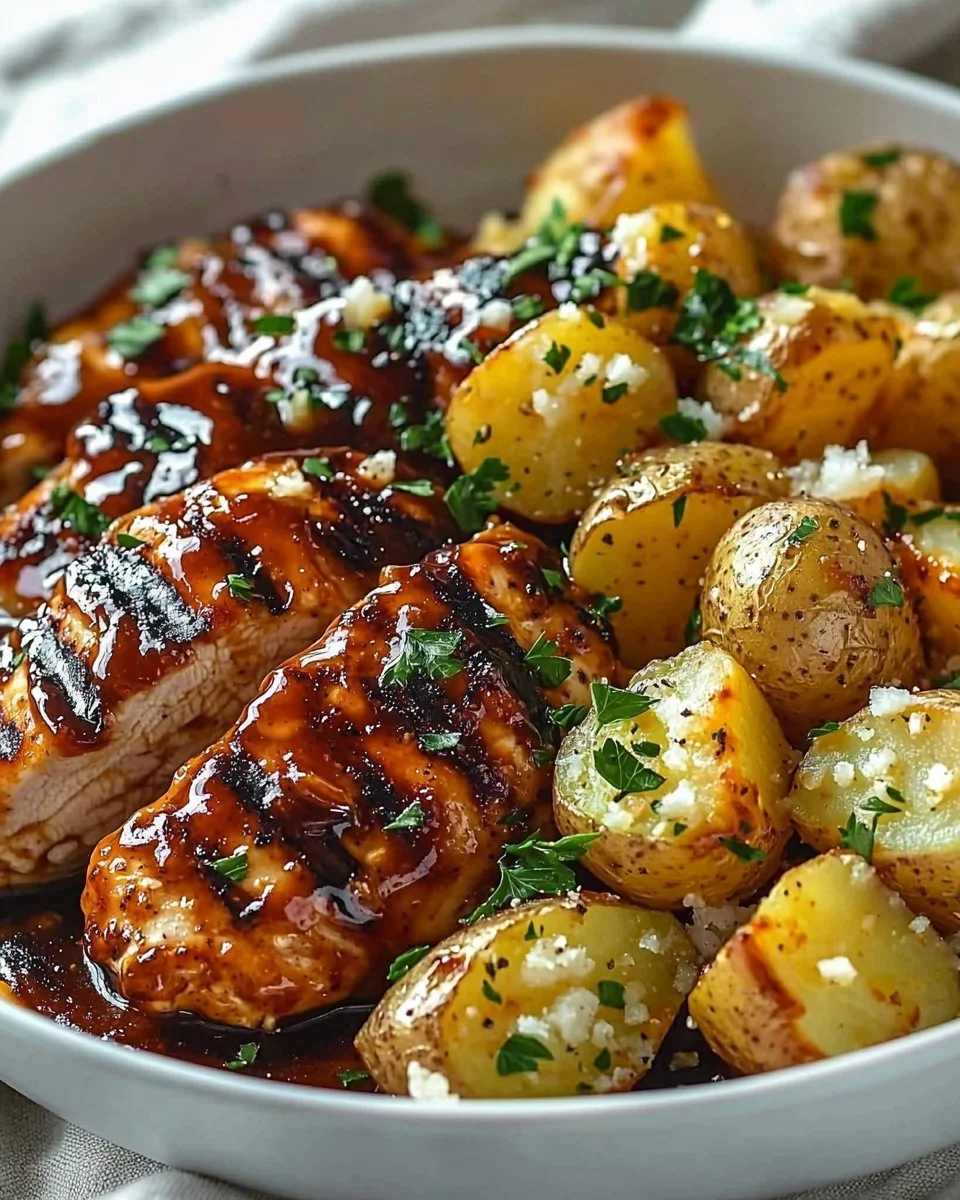 Honey BBQ Chicken served with Garlic Parmesan Potatoes on a plate