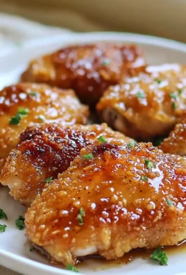 Plate of honey garlic crispy chicken with herbs and garnish