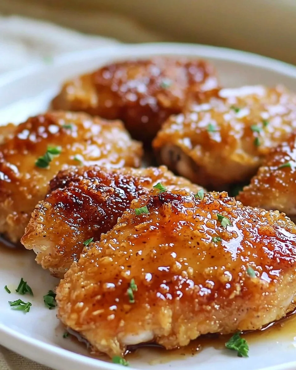 Plate of honey garlic crispy chicken with herbs and garnish