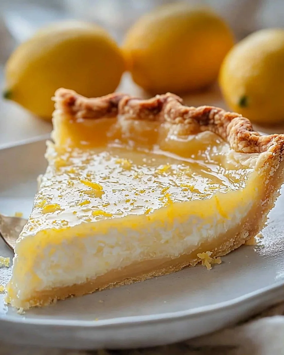 Slice of delicious Impossible Lemon Pie with a creamy texture and lemon zest