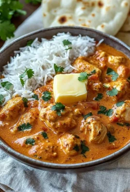 Delicious serving of Indian Butter Chicken with naan and cilantro garnish