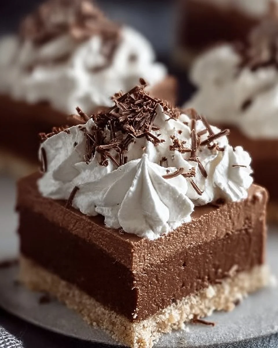 Delicious homemade French silk pie bars topped with chocolate and whipped cream