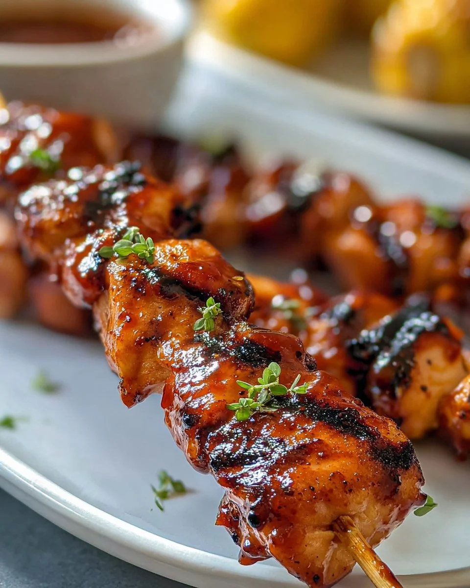 Juicy BBQ chicken skewers grilled to perfection with a glaze of BBQ sauce