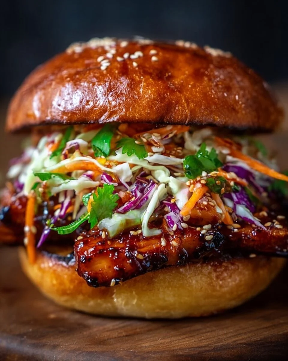 Korean BBQ Chicken Sandwich topped with colorful cabbage slaw on a plate