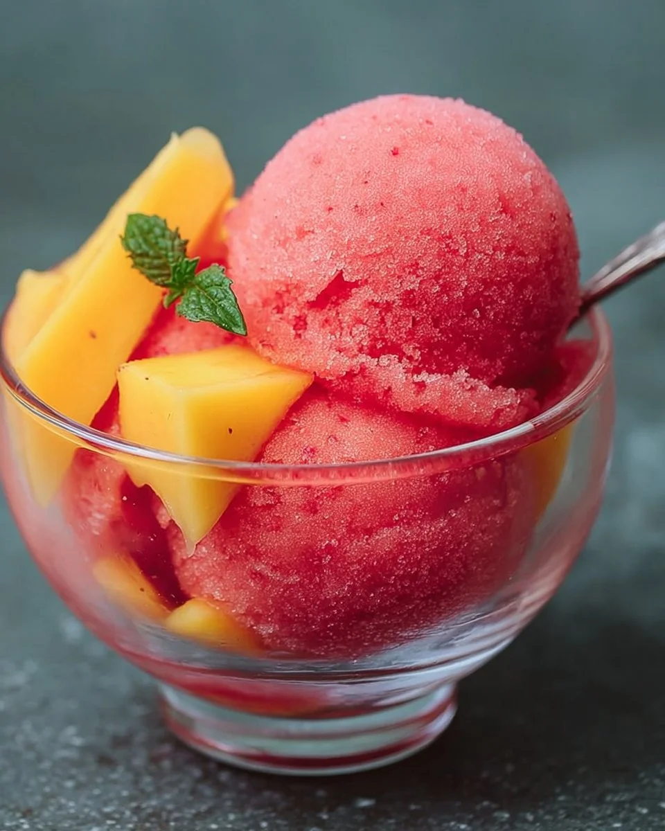 Homemade Mango Strawberry Sorbet in a bowl with fresh fruit garnish