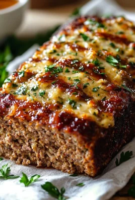 Delicious Garlic Parmesan Meatloaf served on a plate with herbs