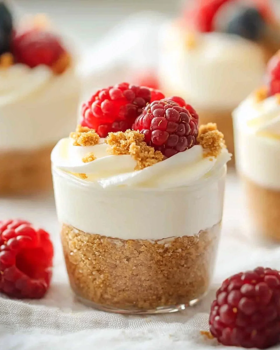 Delicious no-bake cheesecake cups served in clear dessert cups.