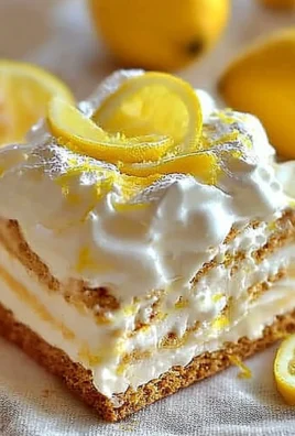 Delicious no-bake lemon eclair cake with layers of lemon and cream filling