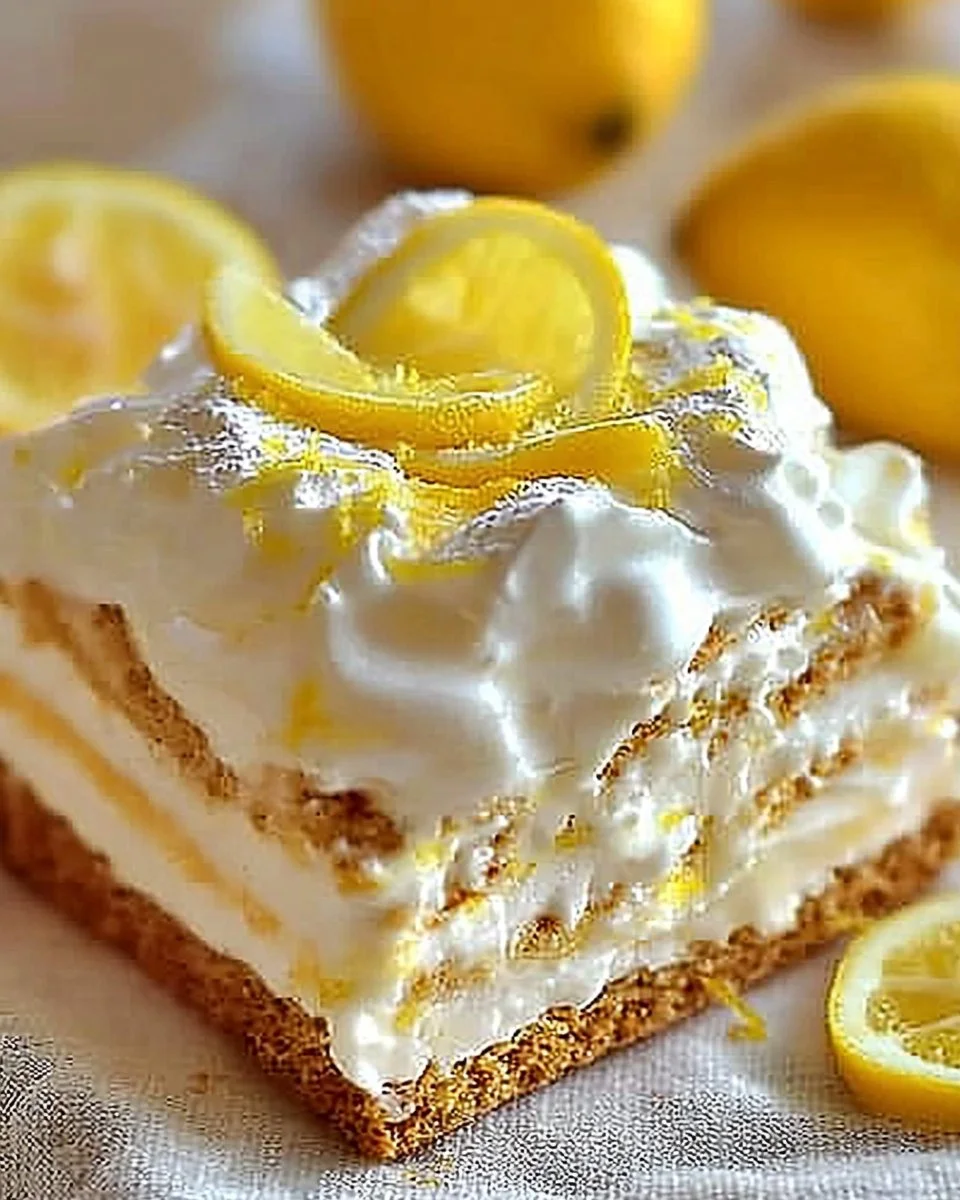 Delicious no-bake lemon eclair cake with layers of lemon and cream filling