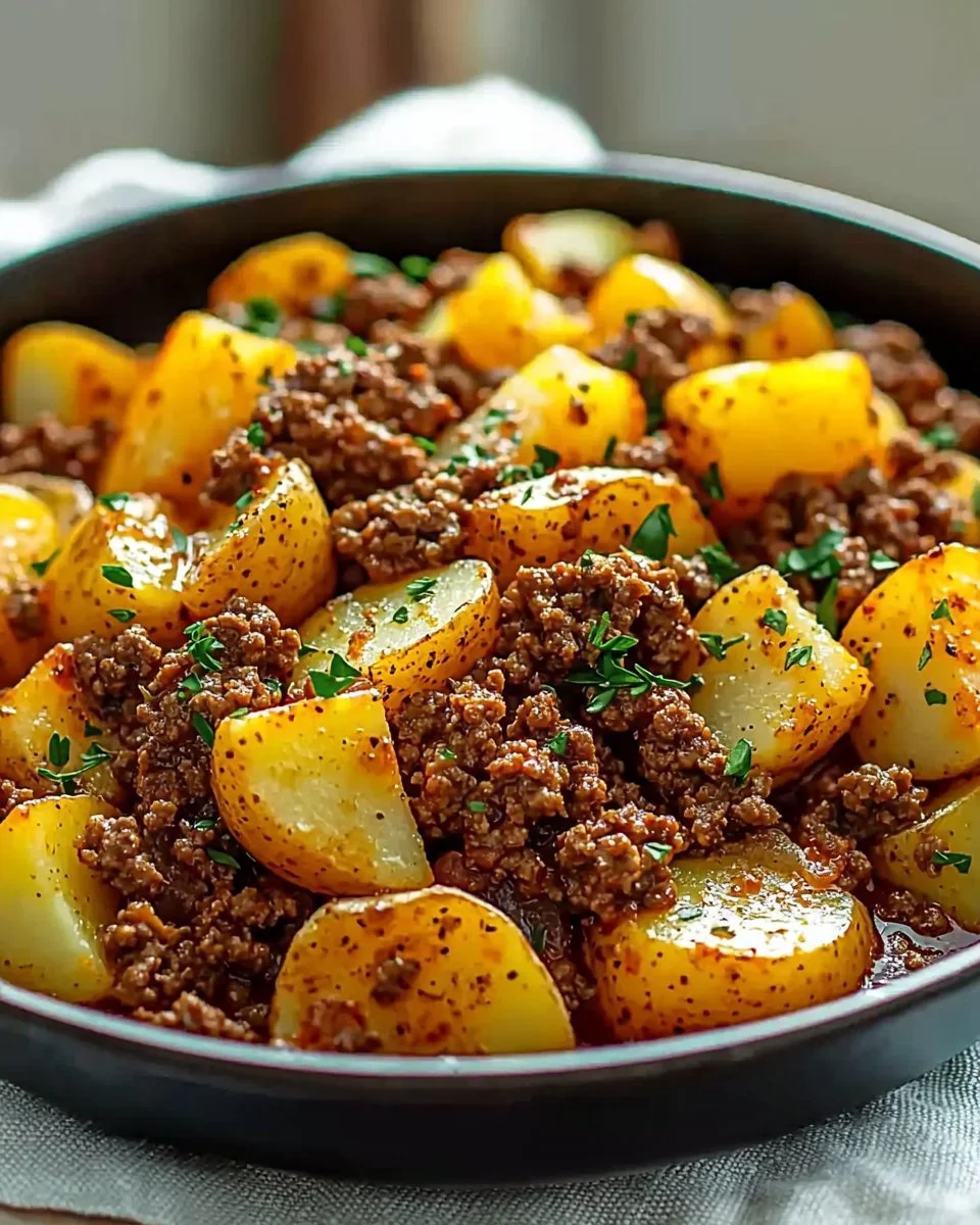 One-Pan Ground Beef and Potatoes dish ready to serve