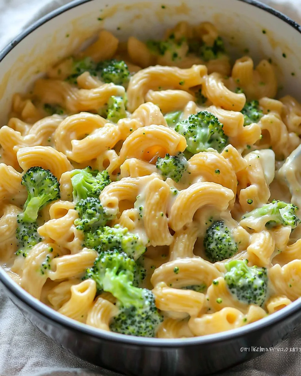 Healthy one pot broccoli mac and cheese dish served in a bowl