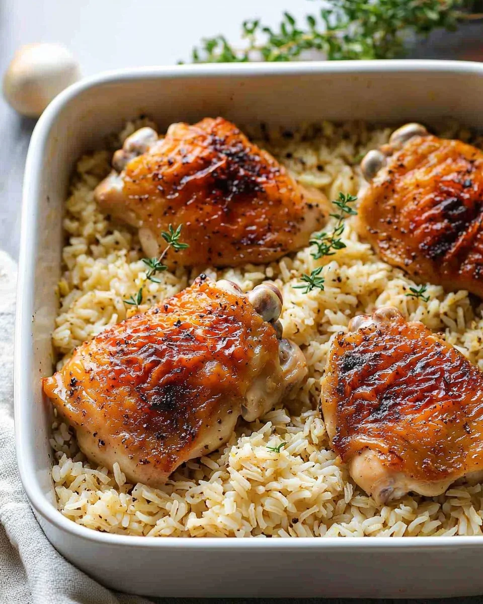 Delicious oven baked chicken served with rice on a dinner plate