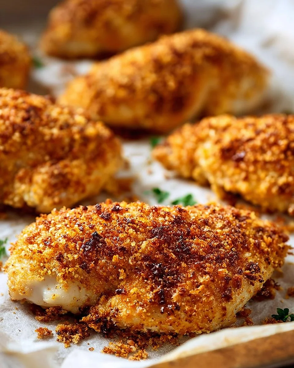 Crispy Oven Fried Chicken Breast on a plate, garnished with herbs.