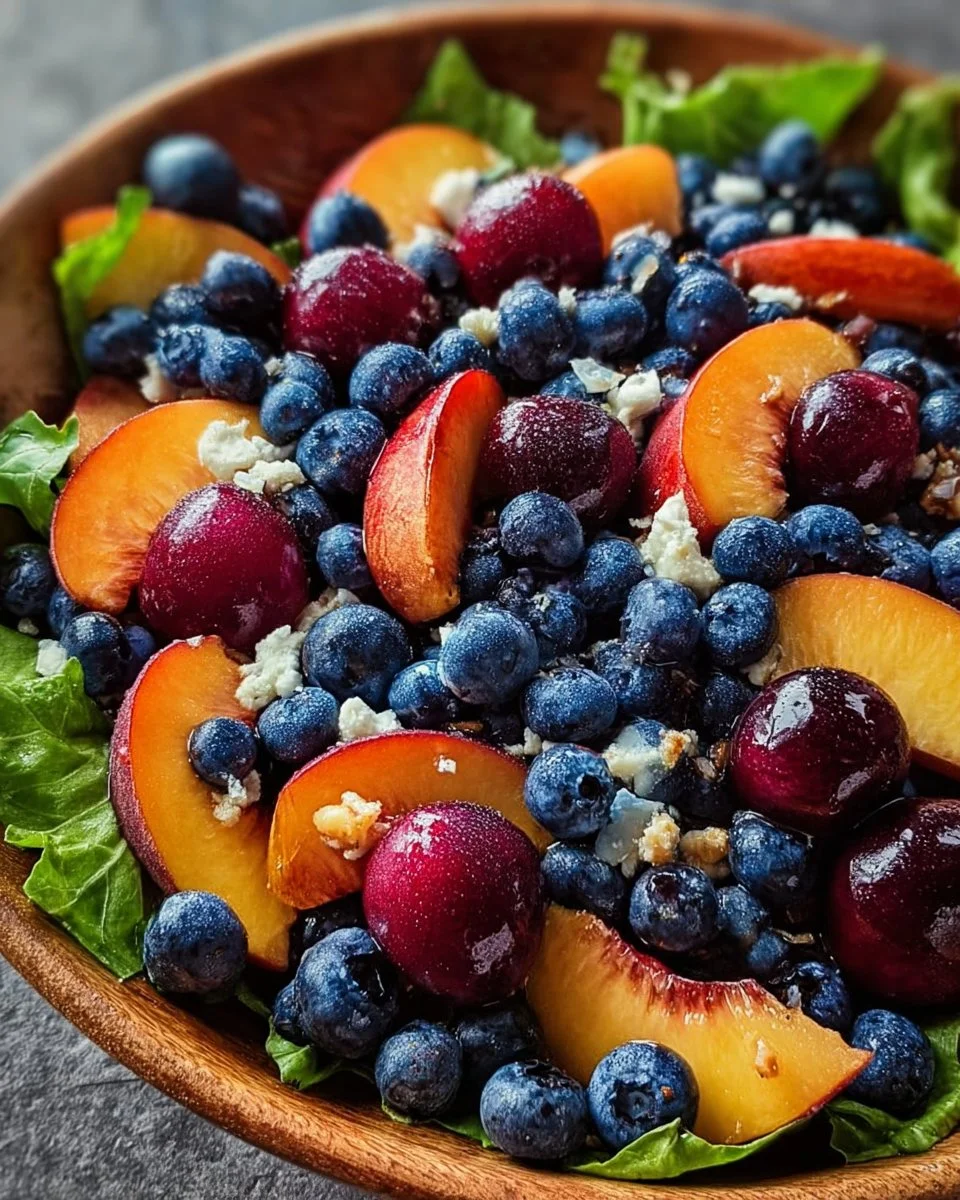Colorful Peach and Blueberry Salad with fresh fruits and greens