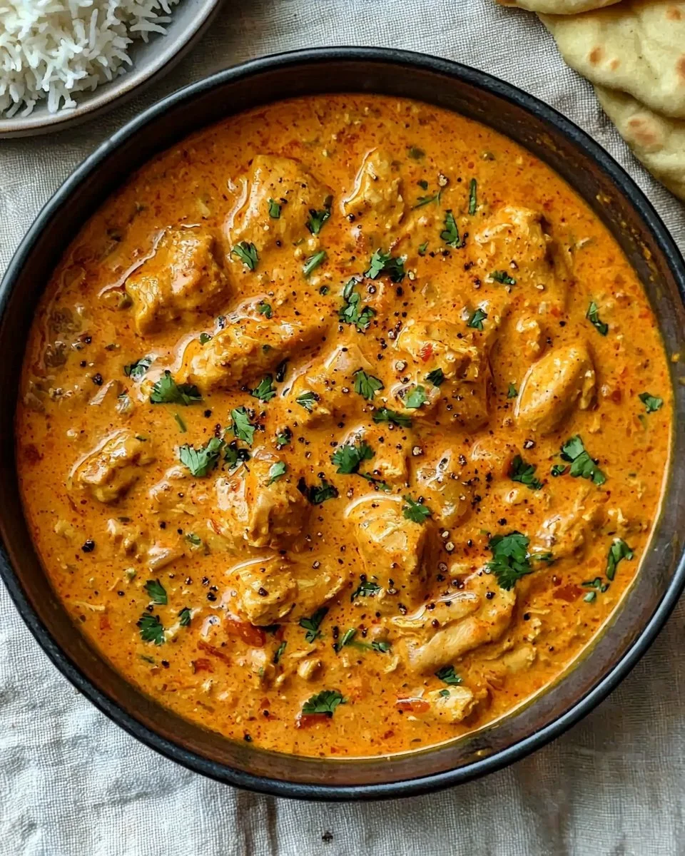 Plate of homemade butter chicken with rice