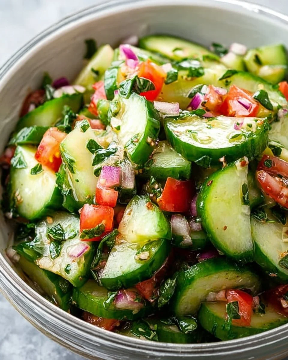 Freshly made Italian cucumber salad with cucumbers and herbs