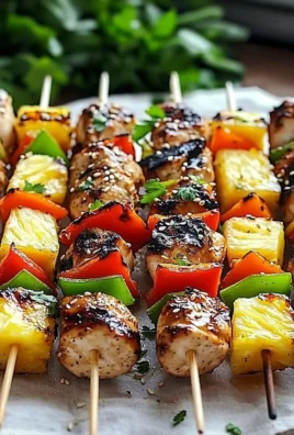 Delicious grilled pineapple chicken kabobs served on skewers.