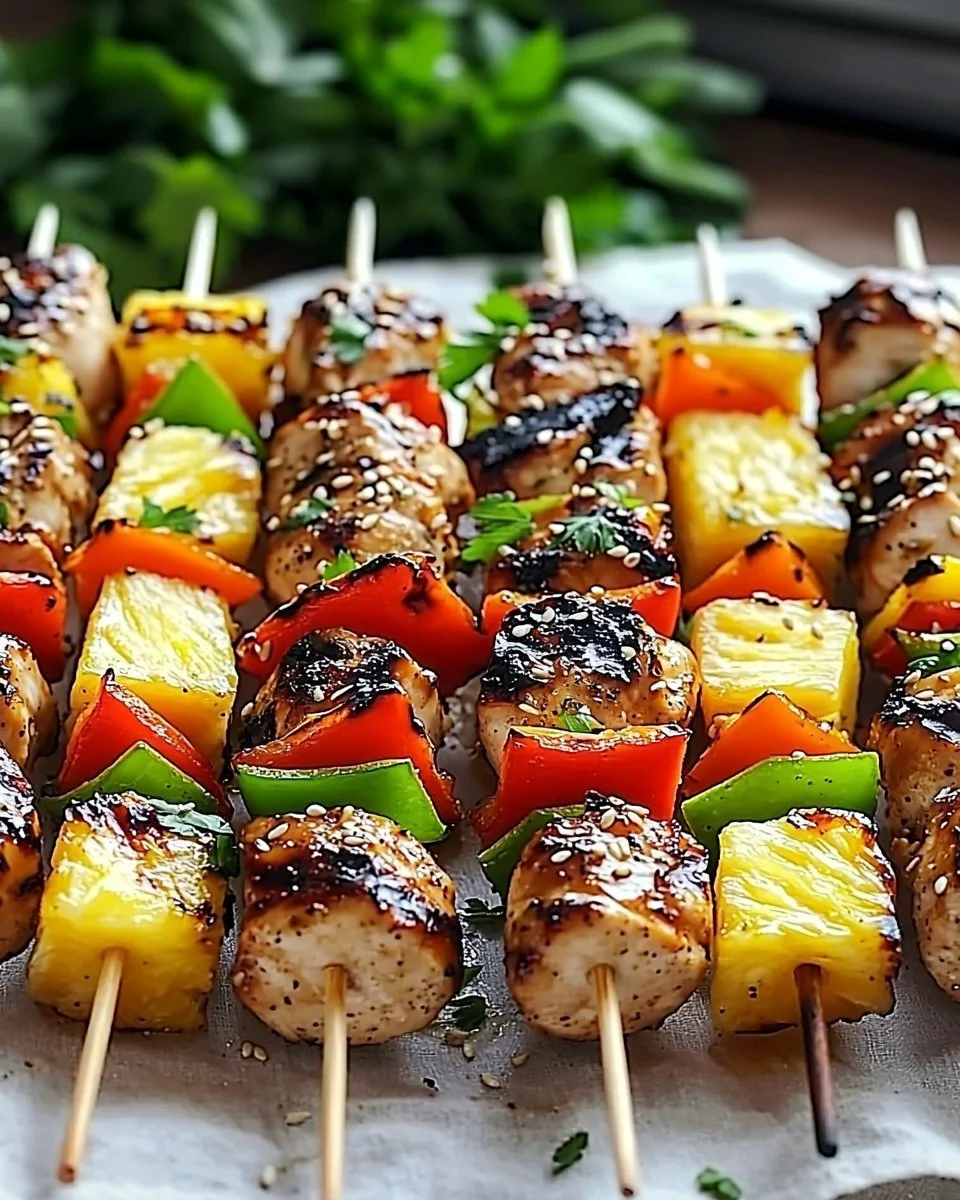 Delicious grilled pineapple chicken kabobs served on skewers.