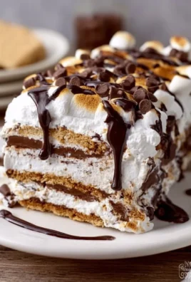 Delicious S'mores Icebox Cake layered with chocolate, marshmallows, and graham crackers.