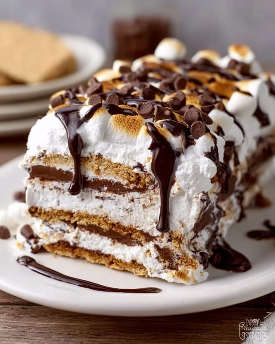 Delicious S'mores Icebox Cake layered with chocolate, marshmallows, and graham crackers.