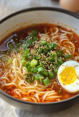 A bowl of spicy Gochujang noodle soup garnished with vegetables and herbs.