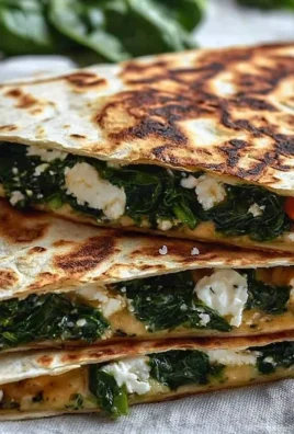 Spinach and feta quesadillas on a plate, garnished with herbs