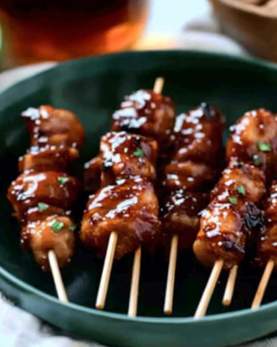 Delicious sticky Bourbon Chicken skewers ready to be served