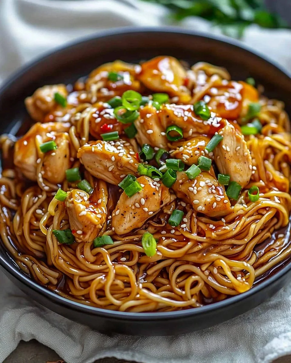 Sticky Garlic Chicken Noodles served in a bowl with fresh herbs