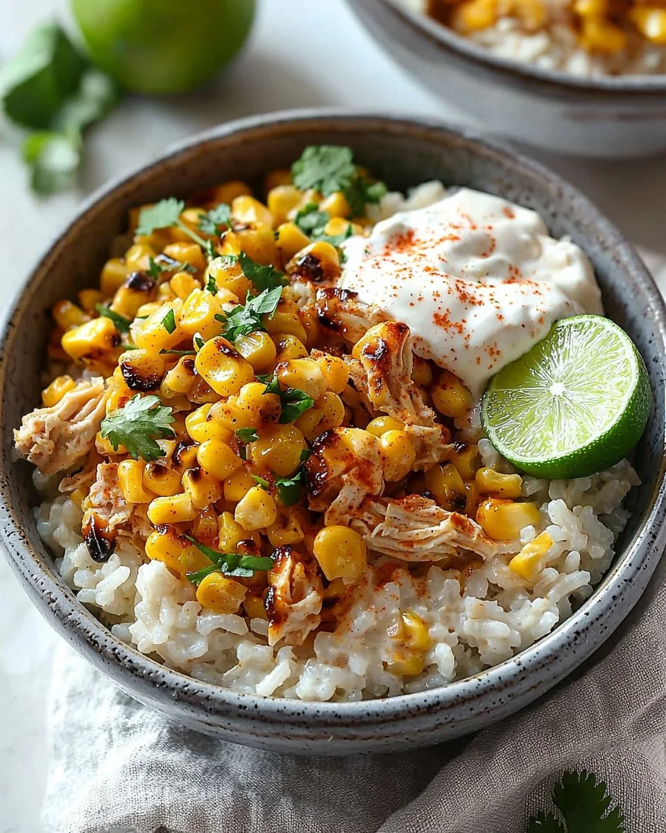Delicious street corn chicken rice bowls topped with fresh ingredients.