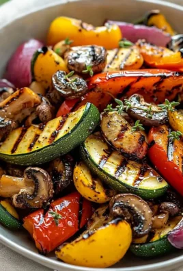 Colorful grilled veggies seasoned with marinade on the grill.