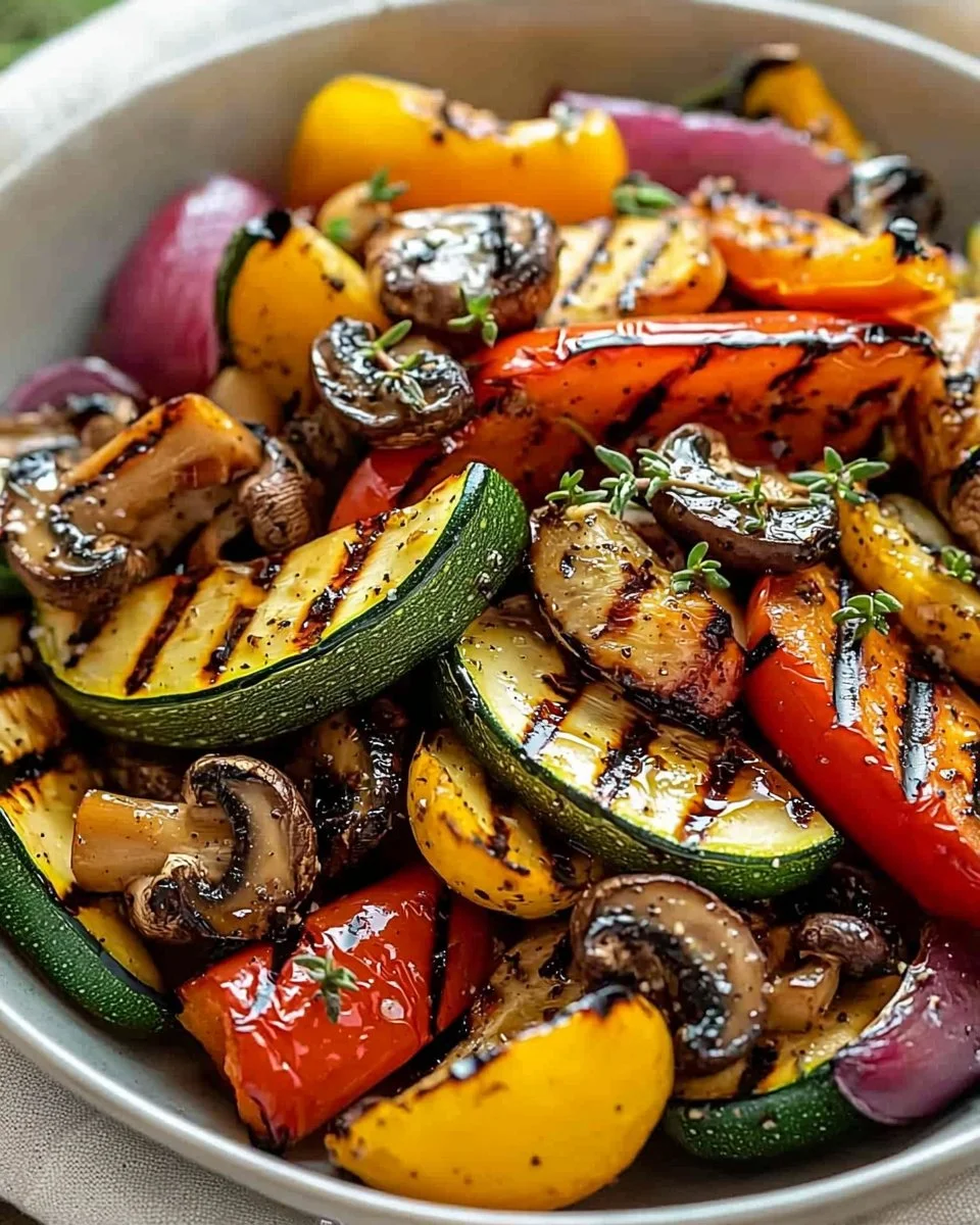 Colorful grilled veggies seasoned with marinade on the grill.