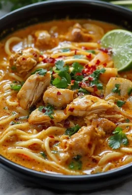 Delicious coconut red curry chicken served over udon noodles.