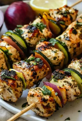 Triple Herb Chicken and Zucchini Skewers ready for grilling surrounded by fresh herbs.