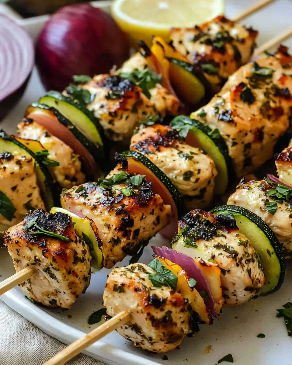 Triple Herb Chicken and Zucchini Skewers ready for grilling surrounded by fresh herbs.