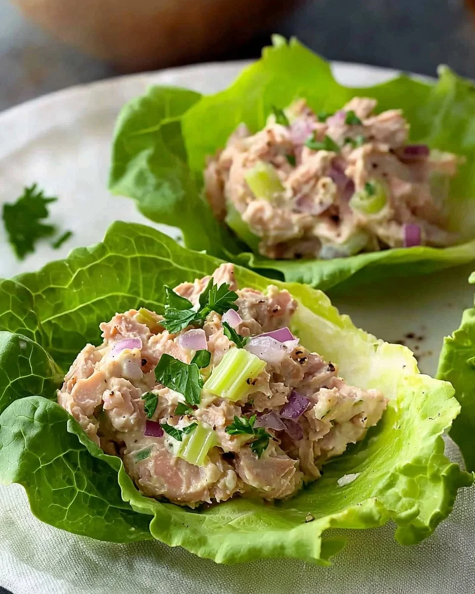 Tuna lettuce wraps filled with fresh ingredients and served on a plate.