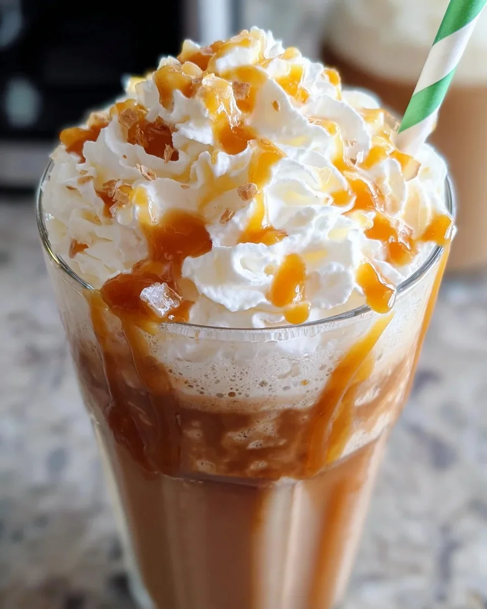 Delicious Caramel Frappuccino topped with whipped cream and caramel drizzle