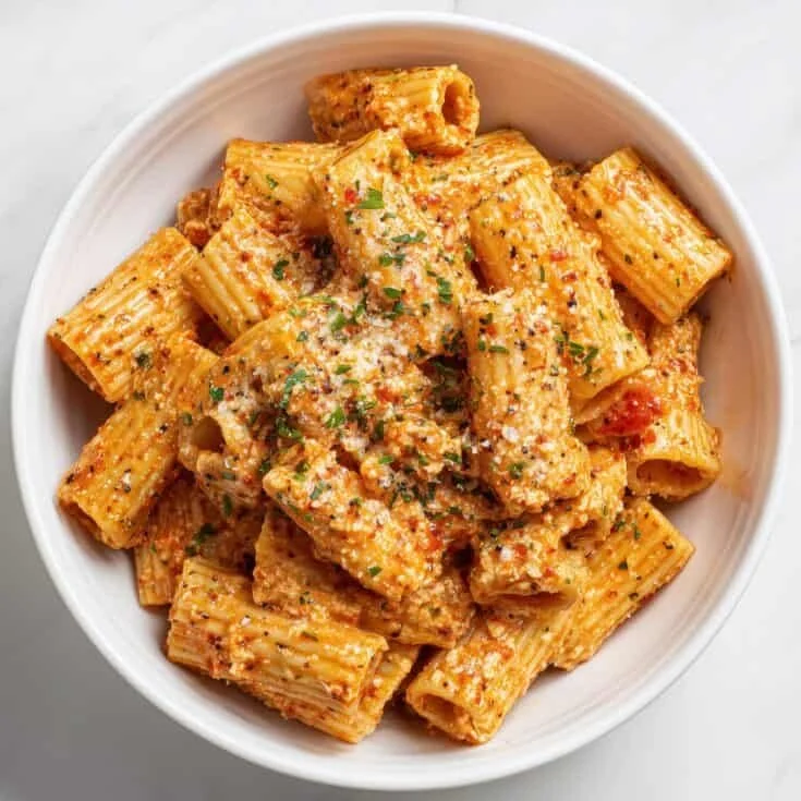 Creamy Cottage Cheese Rigatoni dish served in a bowl with herbs