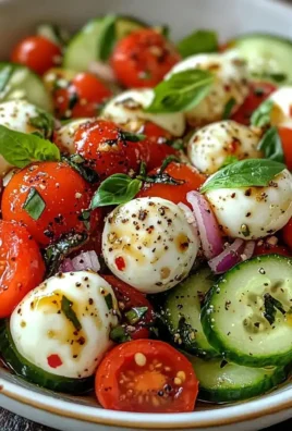 Cucumber Caprese Salad with mozzarella and basil on a white plate