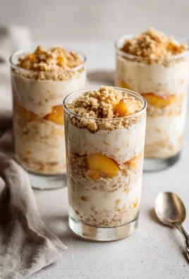 Delicious peach cobbler overnight oats served in a bowl topped with fresh peaches.
