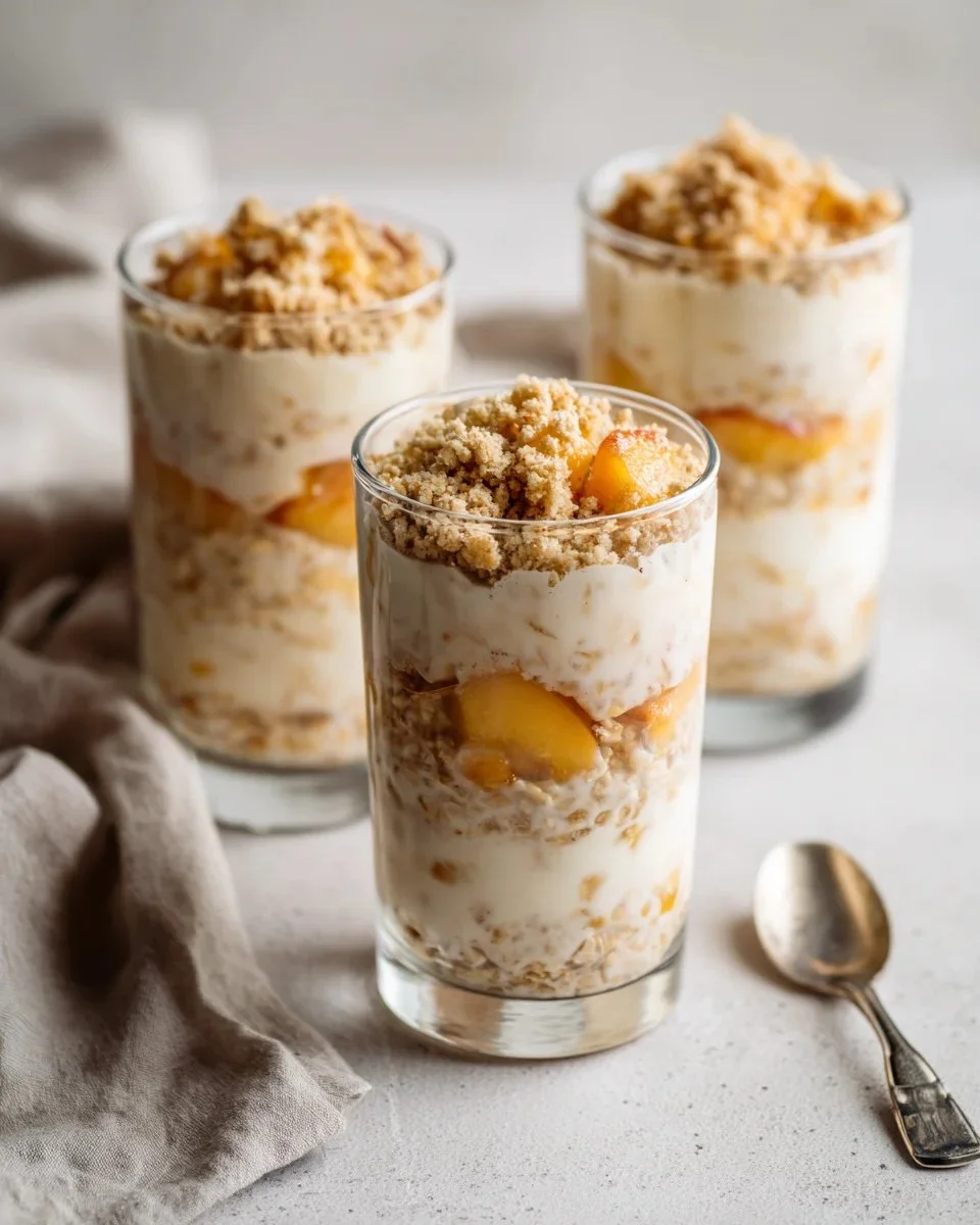 Delicious peach cobbler overnight oats served in a bowl topped with fresh peaches.