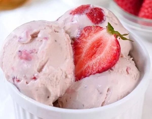 Delicious bowl of healthy homemade froyo topped with fresh fruits.