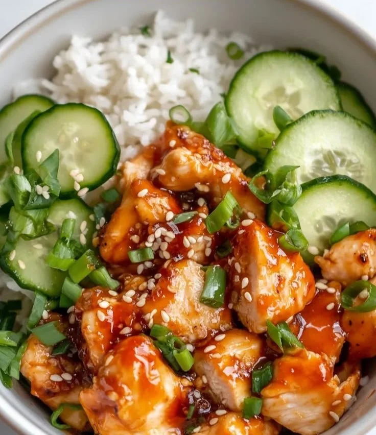 Hot honey chicken bowls served with rice and cucumber in a vibrant dish