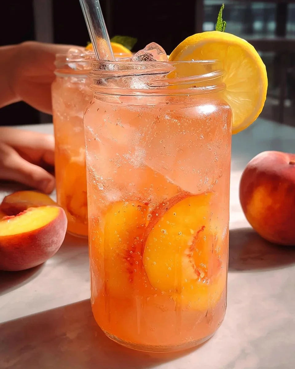 Freshly made peach lemonade in a glass with slices of peach and lemon