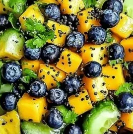 Delicious Mango Cucumber Salad with blueberries and avocado served in a bowl
