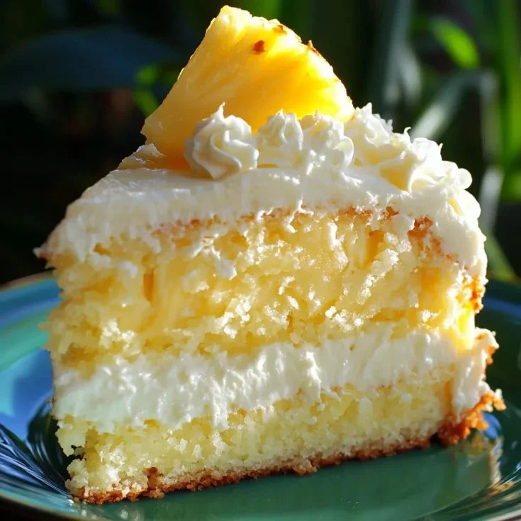 A luscious slice of Pineapple Heaven Cake garnished with fresh pineapple.